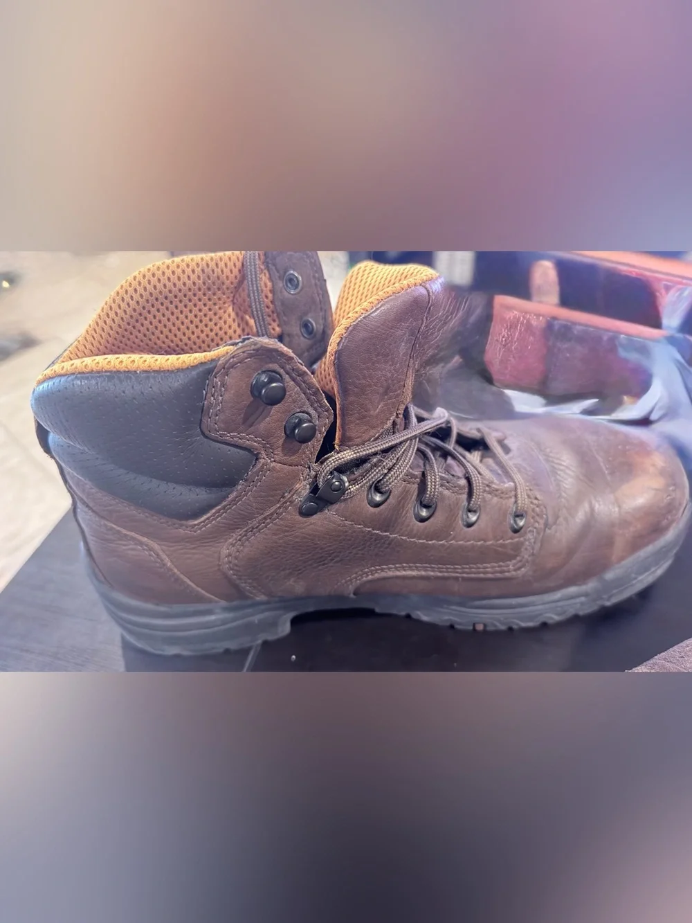 Timberland Brown Leather Work Boots with Orange Lining - Steel Toe worn